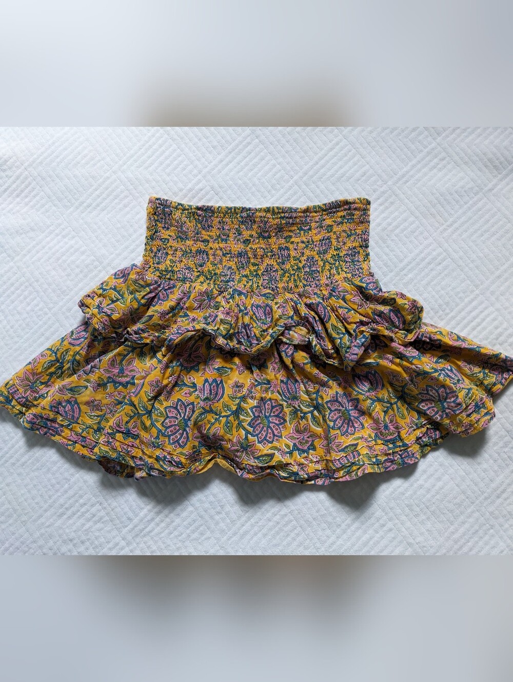 Cleobella Kate Saffron Yellow Tiered Smocked Waist Cotton Mini Skirt Small - Picture 3 of 9